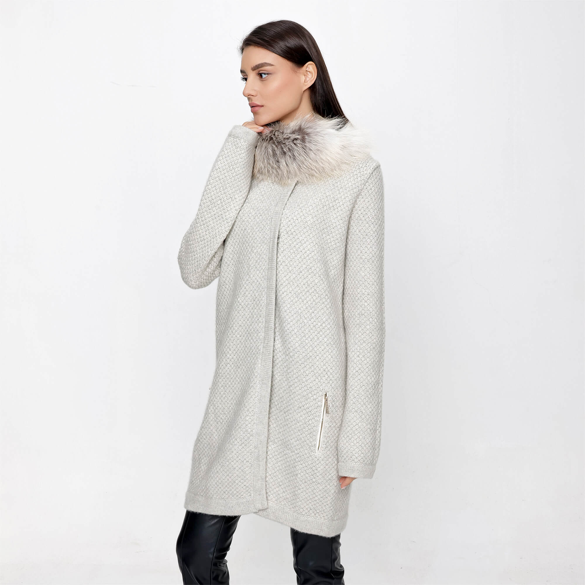 Yves Salomon - Beige Cashmere Fur Trimmed Waffle Knit Cardigan